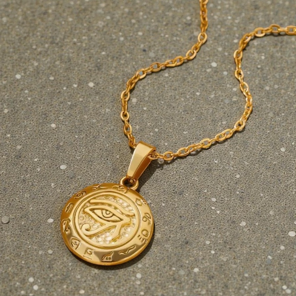 18k Gold Plated Eye Disc Pendant Necklace with Eye of Horus. New. - Picture 3 of 9